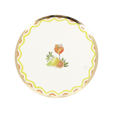 Assiettes en carton Fizz Agrume Ø23cm avec liseré doré et motif citron-orange | jourdefete.com