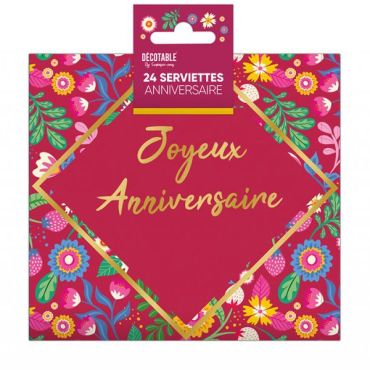 Serviettes de table florales « Joyeux Anniversaire » en papier avec motifs colorés et inscription dorée | jourdefete.com