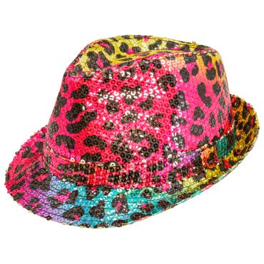 Chapeau fluo à sequins motif léopard multicolore pour fête | jourdefete.com