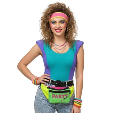 Femme déguisée en look des années 80 portant un sac banane fluo vert et jaune avec l'inscription Party Animal | jourdefete.com