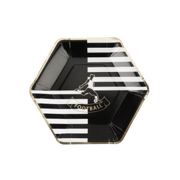8 assiettes hexagonales noires, blanches et dorées football