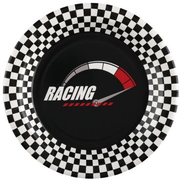 Assiettes en carton "Racing" avec compteur de vitesse et bord à damier | jourdefete.com