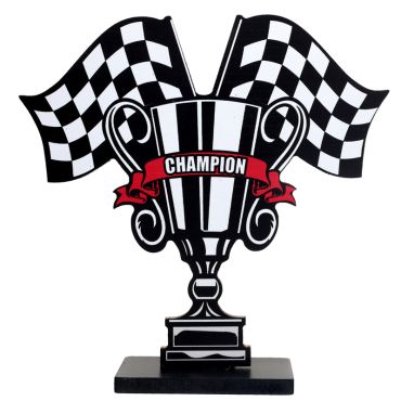 Décoration de table trophée "Champion" avec drapeaux à damier | jourdefete.com