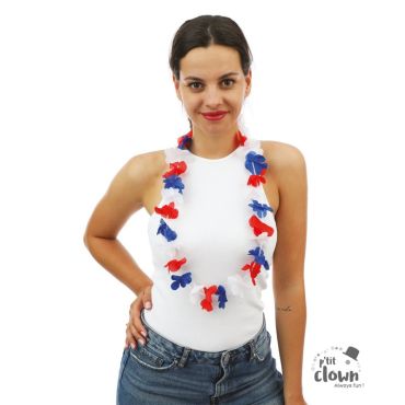 Collier hawaïen tricolore bleu blanc rouge pour fête estivale | jourdefete.com