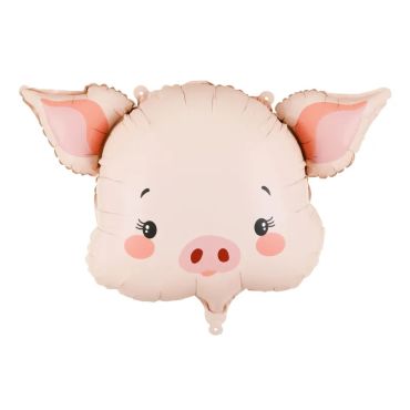 Ballon gonflable métallisé représentant un visage de petit cochon rose souriant pour décoration d'anniversaire thème animaux | jourdefete.com