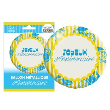 Ballon métallique rond Joyeux Anniversaire motif citrons bleus et jaunes thème Lemon | jourdefete.com
