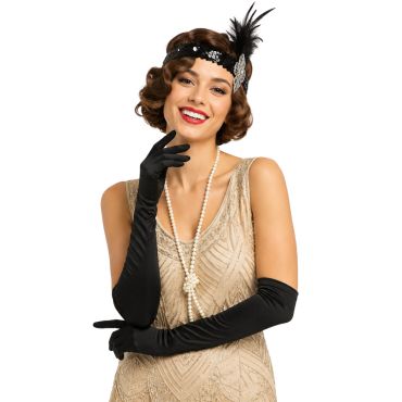 Femme souriante avec de longs gants noirs satinés de style Charleston | jourdefete.com Femme souriante avec de longs gants noirs satinés de style Charleston | jourdefete.com