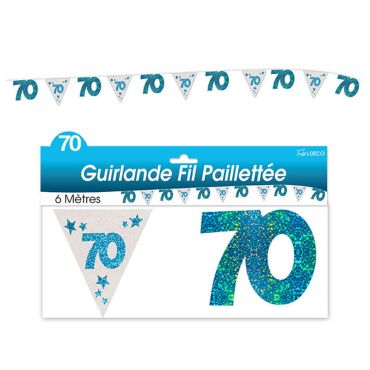 Guirlande pailletée d’anniversaire "70" - Turquoise et argenté