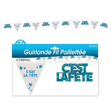 Guirlande pailletée d’anniversaire "C'est la fête" - Turquoise et argenté