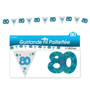 Guirlande pailletée d’anniversaire "80" - Turquoise et argenté