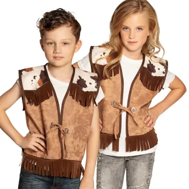 Déguisement enfant gilet western camel avec franges et imprimé vache | jourdefete.com