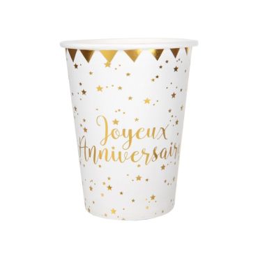 10 Gobelets "Joyeux Anniversaire" - Blanc / Or