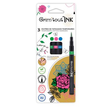 Pack de 3 feutres tatouages temporaires Grim'tout INK (Vert, Rose, Turquoise) | jourdefete.com