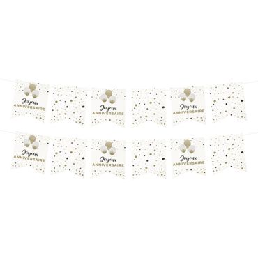 Guirlande fanions "Joyeux Anniversaire" blanc et or, 3,50m, 12 fanions | jourdefete.com
