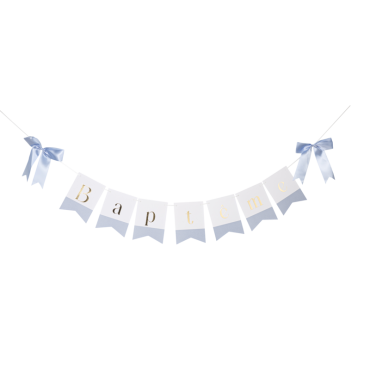Guirlande fanions "Baptême" bleu orage et or avec nœuds | jourdefete.com