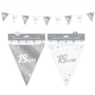Guirlande de fanions anniversaire métallique couleur argent âge 18 ans