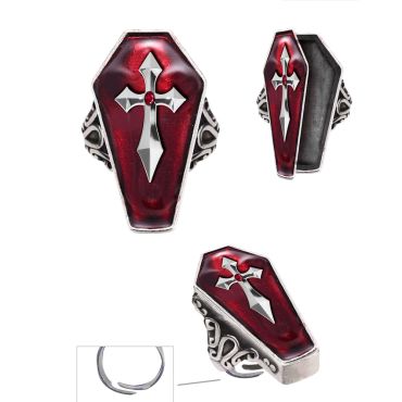 Bague cercueil gothique rouge avec croix argentée pour Halloween | jourdefete.com
