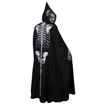 Cape squelette noire avec impression osseuse et capuche tête de mort | jourdefete.com