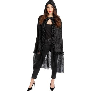 Cape en velours et dentelle noire à capuche pour déguisement d'adulte | jourdefete.com Cape en velours et dentelle noire à capuche pour déguisement d'adulte | jourdefete.com