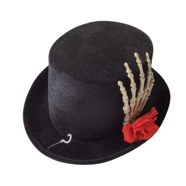 Chapeau haut-de-forme Halloween avec main de squelette et rose rouge | jourdefete.com