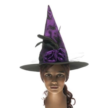 Chapeau pointu de sorcière violet et noir avec plumes et roses