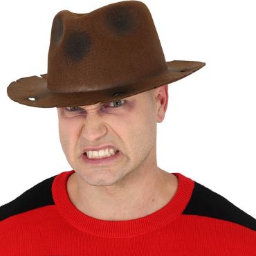 Homme grimaçant portant le chapeau marron de Freddy Krueger avec effet brûlé pour costume d'Halloween | jourdefete.com Homme grimaçant portant le chapeau marron de Freddy Krueger avec effet brûlé pour costume d'Halloween | jourdefete.com