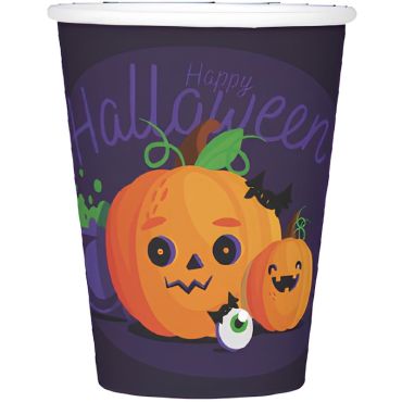 Gobelets Halloween Citrouille Mignonne avec illustrations rigolotes sur fond violet | jourdefete.com