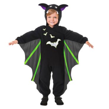 Enfant déguisé en chauve-souris avec ailes noires et vertes pour Halloween | jourdefete.com