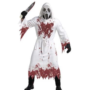 Homme terrifiant vêtu d'une longue tunique blanche couverte de sang et d'un masque de fantôme hurlant tenant un couteau pour Halloween | jourdefete.com
