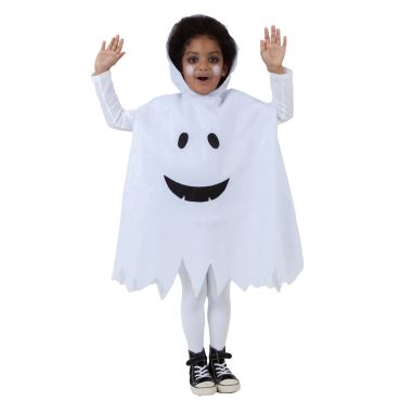 Enfant qui lève les mains en portant une cape blanche de costume de fantôme d'Halloween | jourdefete.com