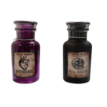 Fiole d'Halloween en verre violet ou noir avec bouchon plat et étiquettes apothicaire | jourdefete.com