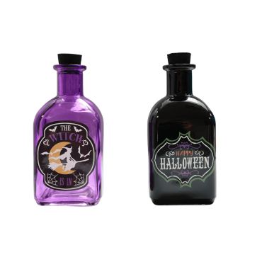 Fiole Halloween carrée en verre violet ou noir avec bouchon en liège et inscriptions effrayantes | jourdefete.com