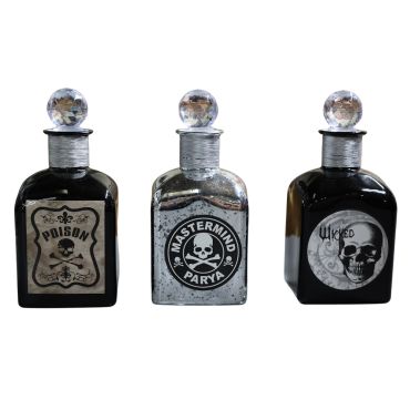Fiole carrée Halloween en verre noir ou argenté avec bouchon cristal et étiquettes poison | jourdefete.com