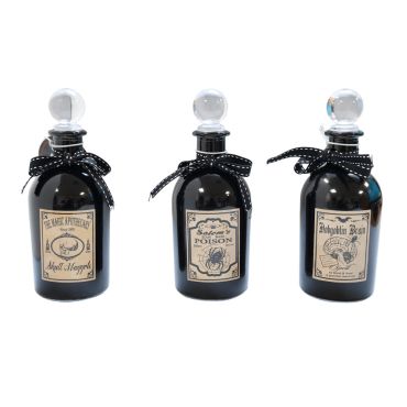 Fiole ronde Halloween en verre noir avec bouchon en verre, ruban et étiquettes décoratives | jourdefete.com