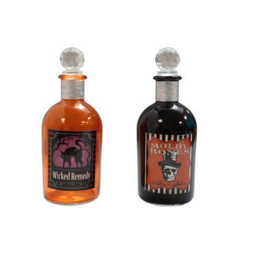 Fiole Halloween ronde en verre orange ou noir avec bouchon en verre et étiquettes effrayantes | jourdefete.com