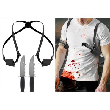 Holster double noir avec deux faux couteaux de tueur pour déguisement d'Halloween | jourdefete.com