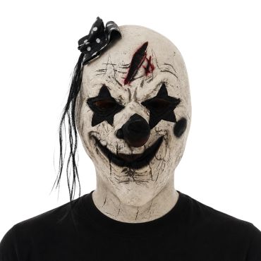Masque latex clown psycho blanc avec mèche noire et cicatrice pour Halloween | jourdefete.com