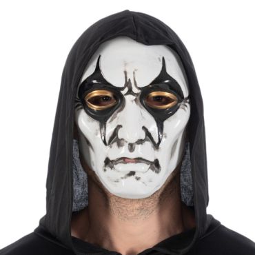Masque blanc en PVC avec motifs noirs autour des yeux et capuche noire intégrée pour déguisement d'Halloween | jourdefete.com Masque blanc en PVC avec motifs noirs autour des yeux et capuche noire intégrée pour déguisement d'Halloween | jourdefete.com