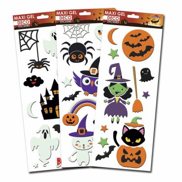 Maxi stickers gel déco Halloween avec fantômes, sorcières, citrouilles et châteaux hantés | jourdefete.com