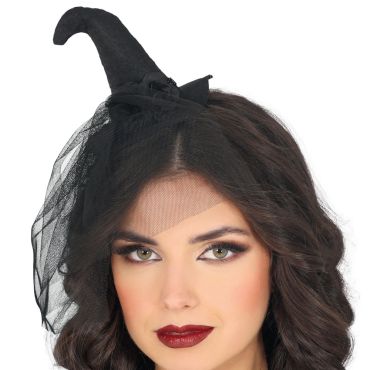 Serre-tête mini chapeau de sorcière pointu noir avec voilette en tulle pour déguisement d'Halloween | jourdefete.com Serre-tête mini chapeau de sorcière pointu noir avec voilette en tulle pour déguisement d'Halloween | jourdefete.com