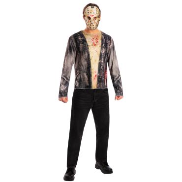 Homme en costume de tueur avec masque de hockey beige et t-shirt imprimé ensanglanté pour fête d'épouvante | jourdefete.com