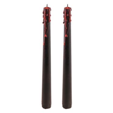 Paire de bougies flambeaux noires avec coulures de cire rouge imitation sang pour ambiance de manoir hanté Halloween | jourdefete.com