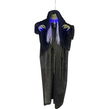 Décoration Halloween sorcière animée sonore et lumineuse à suspendre 175 cm aux yeux bleus | jourdefete.com