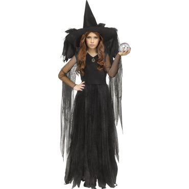 Fille en déguisement sorcière noire avec robe longue et chapeau pointu | jourdefete.com