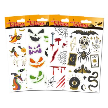 Tatouages éphémères Halloween avec toiles d’araignées, cicatrices, crânes et citrouilles | jourdefete.com