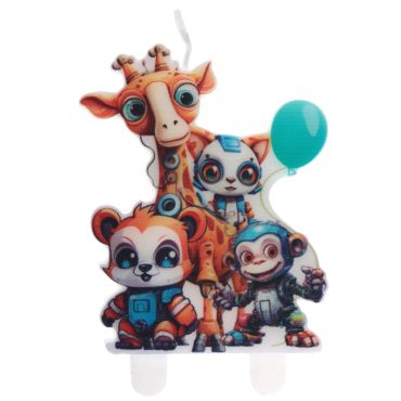 Bougie d’anniversaire Happy Cop's avec girafe, panda, chat et singe robots | jourdefete.com