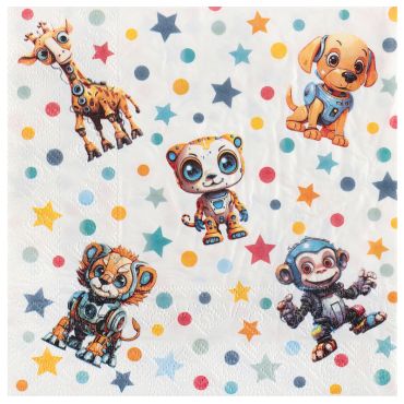 Serviettes en papier de la collection Happy Cop's avec motifs animaux robotiques colorés | jourdefete.com