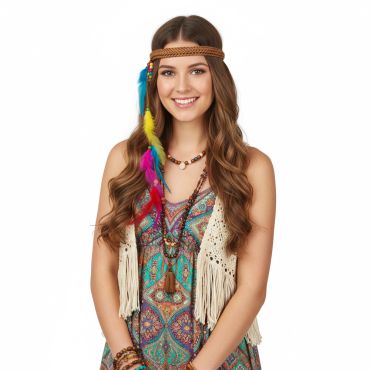 Bandeau hippie tressé avec plumes multicolores pour déguisement années 70 | jourdefete.com
