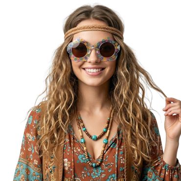 Femme arborant des lunettes de soleil en forme de fleurs avec motifs floraux pour un look hippie et bohème | jourdefete.com Femme arborant des lunettes de soleil en forme de fleurs avec motifs floraux pour un look hippie et bohème | jourdefete.com