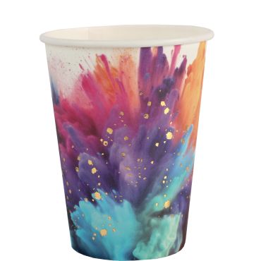 Gobelets de fête multicolore Holi 27 cl avec effet aquarelle et touches dorées | jourdefete.com